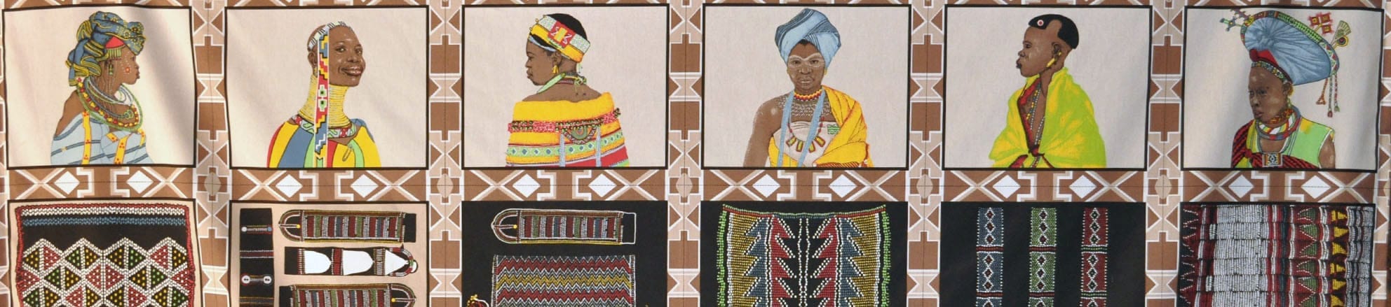 A textile artwork features six portraits of African women in traditional attire