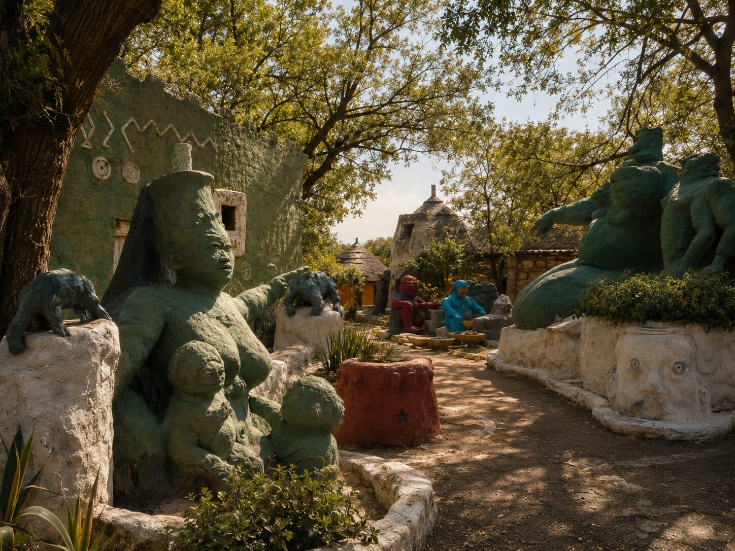 Outdoor scene with large, greenish sculptures of women and children